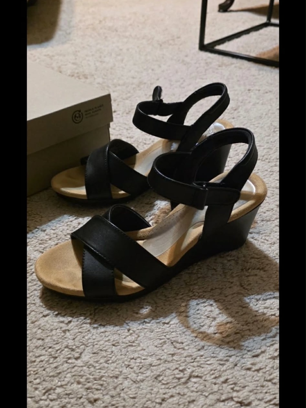 Clarks Black Crisscross Wedge Sandals with Ankle Strap